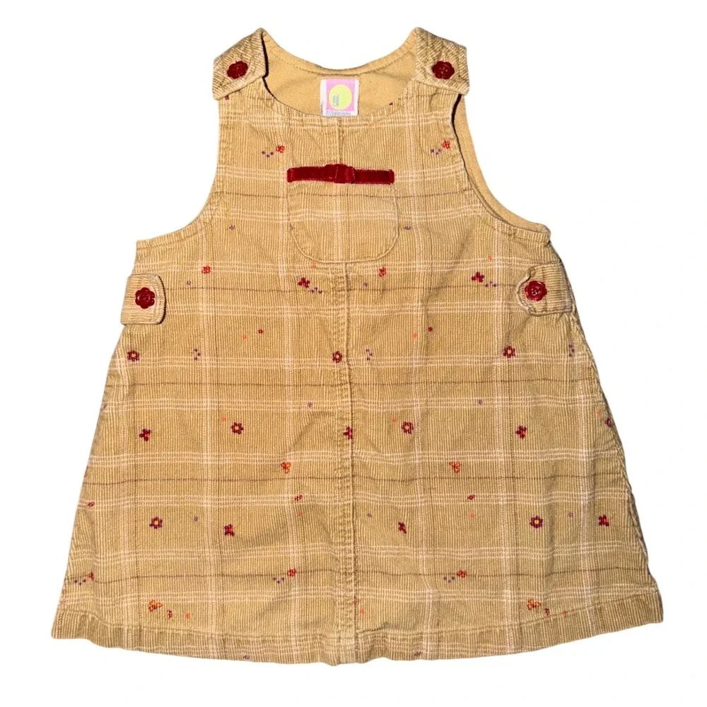 Vintage Gymboree 2001 Yellow Plaid Corduroy Floral Jumper Dress 12-18 Months AA2